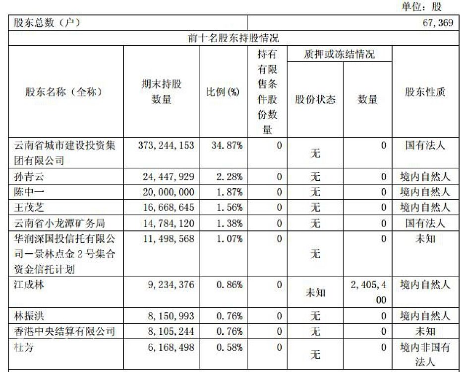 云南城投前十名股东列表