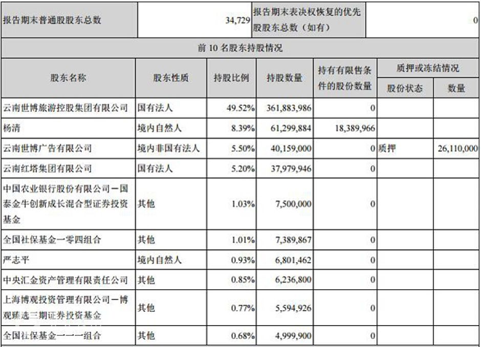 云南旅游前十名股东持股情况