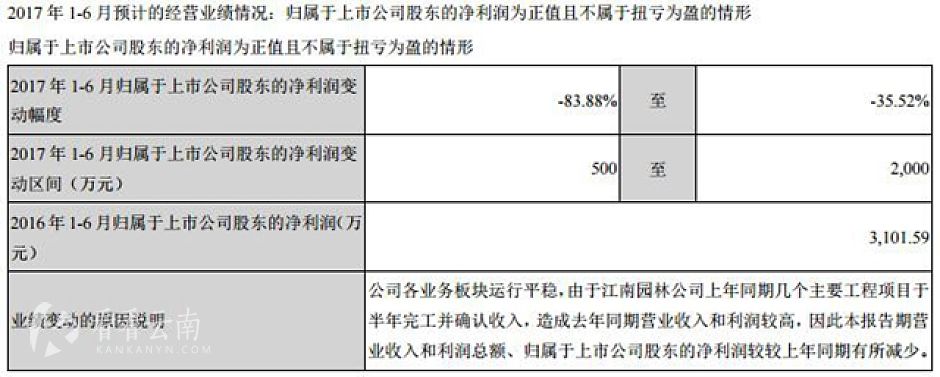 云南旅游对 2017 年 1-6 月经营业绩的预计