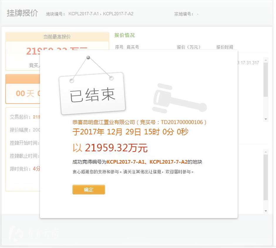 昆明盘江置业有限公司以底价2.19亿竞得KCPL2017-7-A1、KCPL2017-7-A2