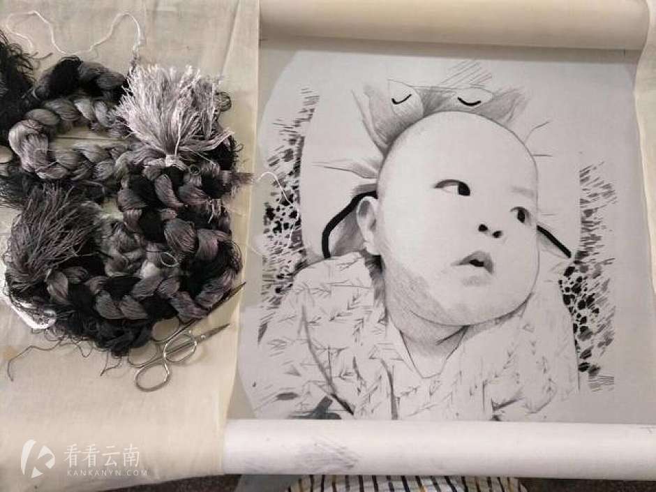 段朋江的人物素描刺绣作品