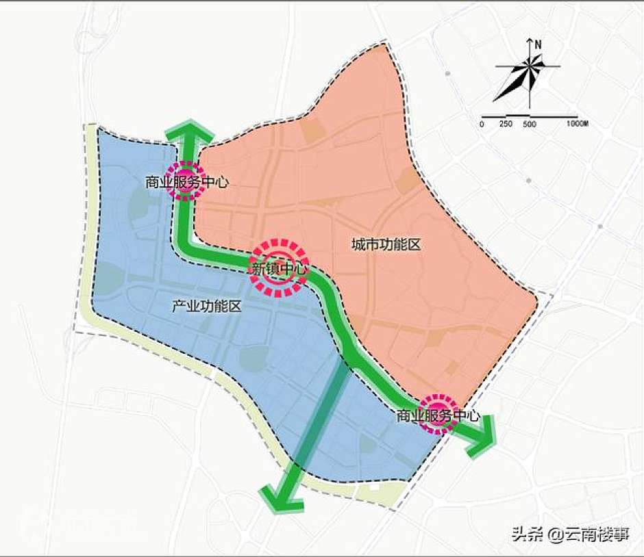 嵩明职教基地的“一廊、三心、两片区”的空间结构