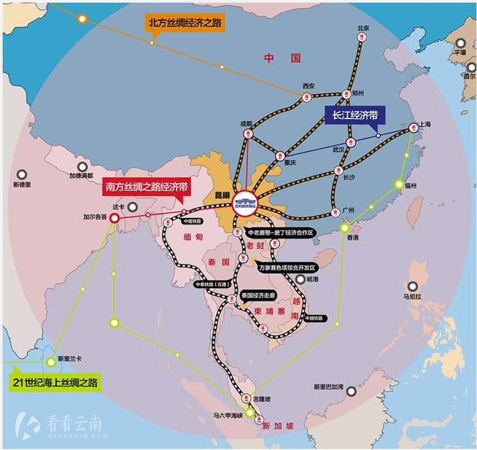 以昆明呈贡高铁站为圆心的高铁交通网络图