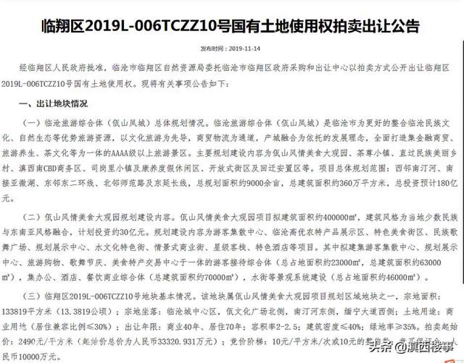 临翔区2019L-006TCZZ10号土地出让公告信息