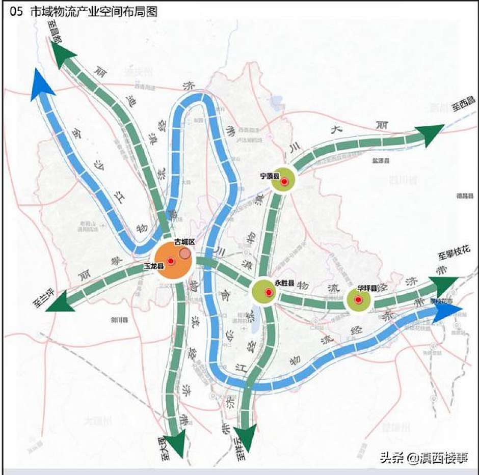 丽江市“一核三点四带”的物流产业空间结构（绿色、蓝色区域为四带范围）