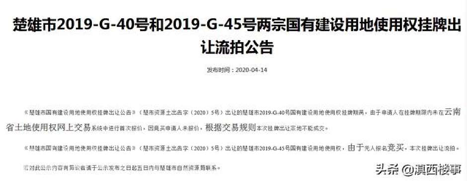 楚雄市流拍土地公告