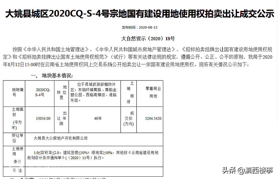 楚雄州大姚县土地成交公示