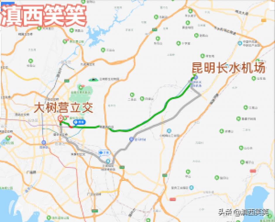 昆明长水机场航站楼至大树营立交的公路将进行亮化提升改造（绿色区域部分）