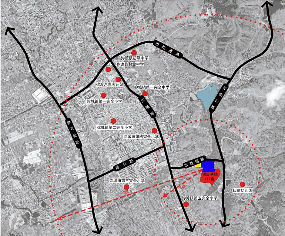 地处弥渡夹石洞的滇西应用技术大学乡村振兴学院项目区位图（红色部分）