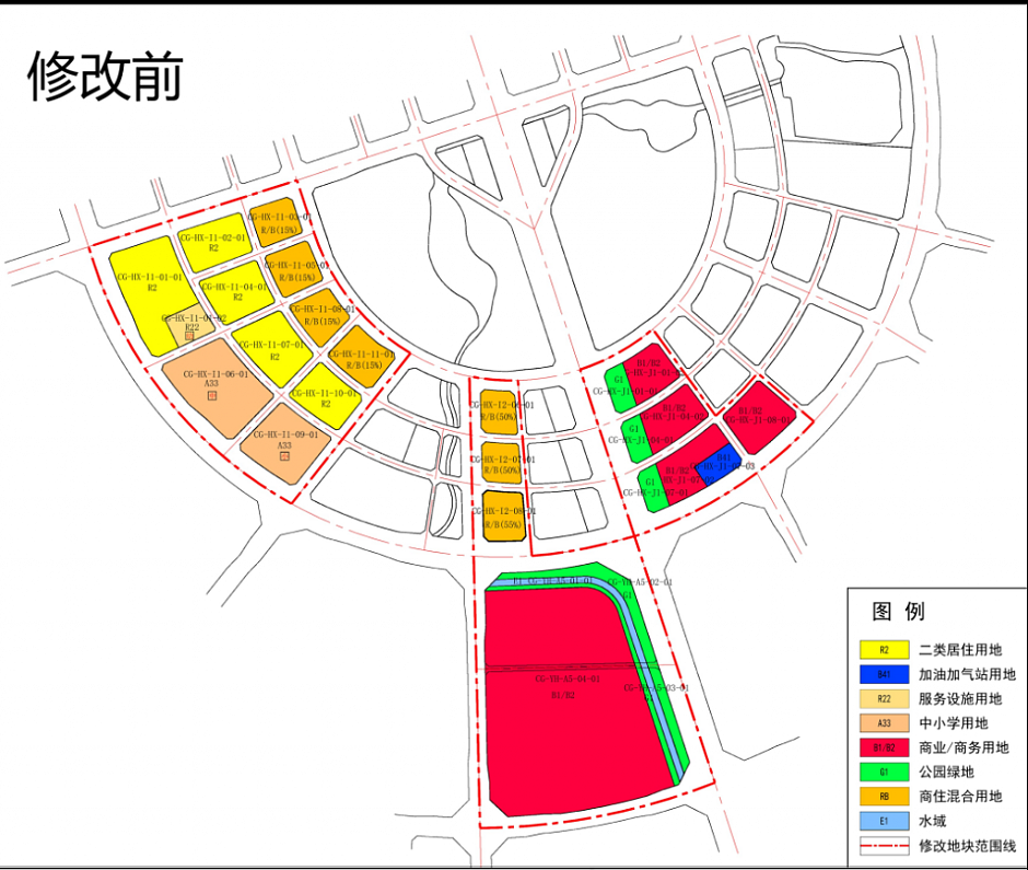 呈贡核心半岛片区调规前规划平面图（红色为商业商务用地）